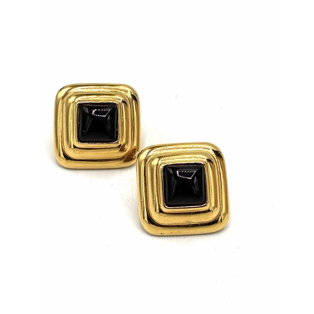 Vintage Monet Signed Gold Tone Geometric Square Clip Earrings Black Cabochon - Picture 2 of 6
